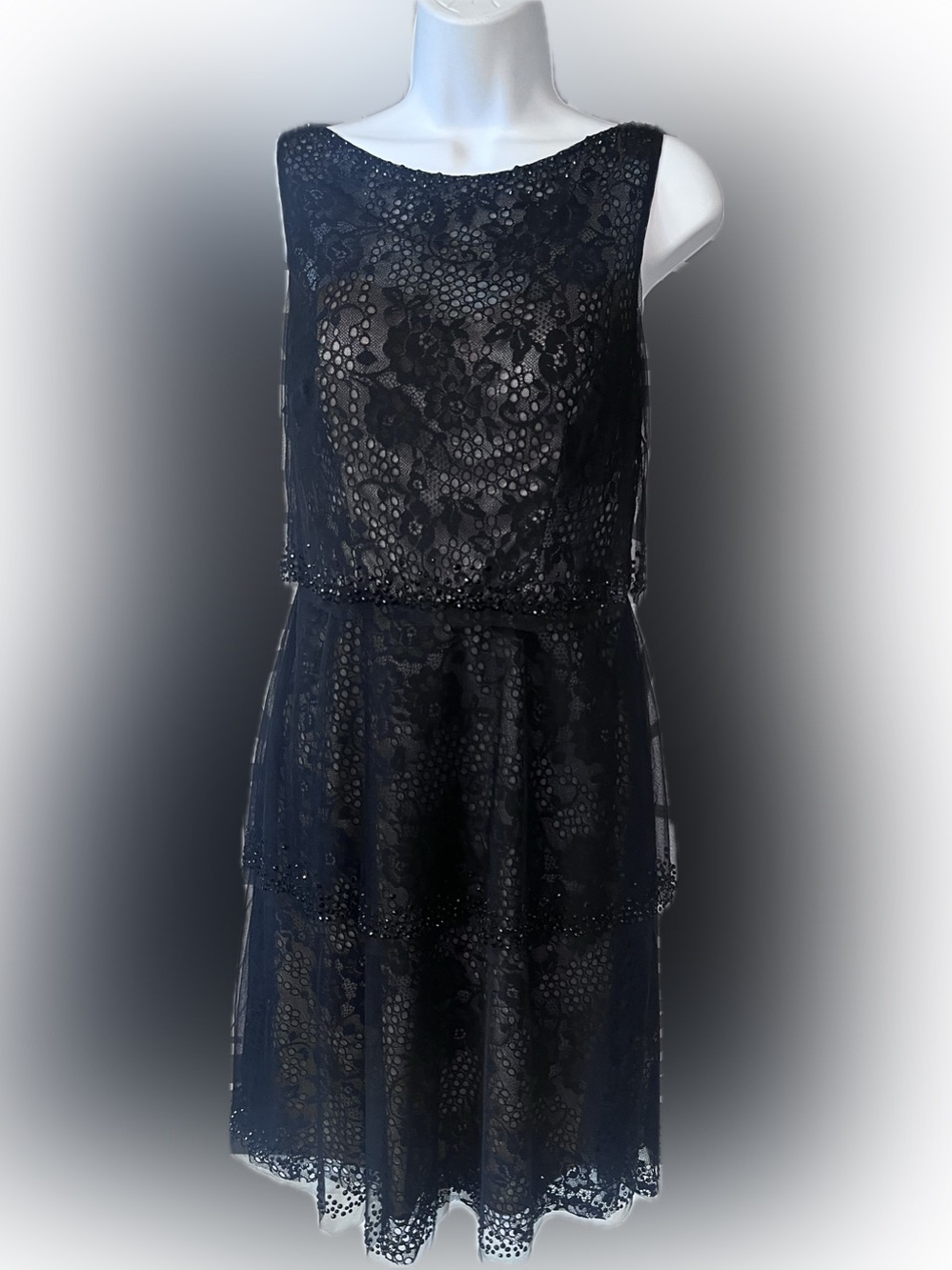 NWT Elegant Black Floral Lace Tiered Cocktail Dress - Sleeveless Midi LBD
